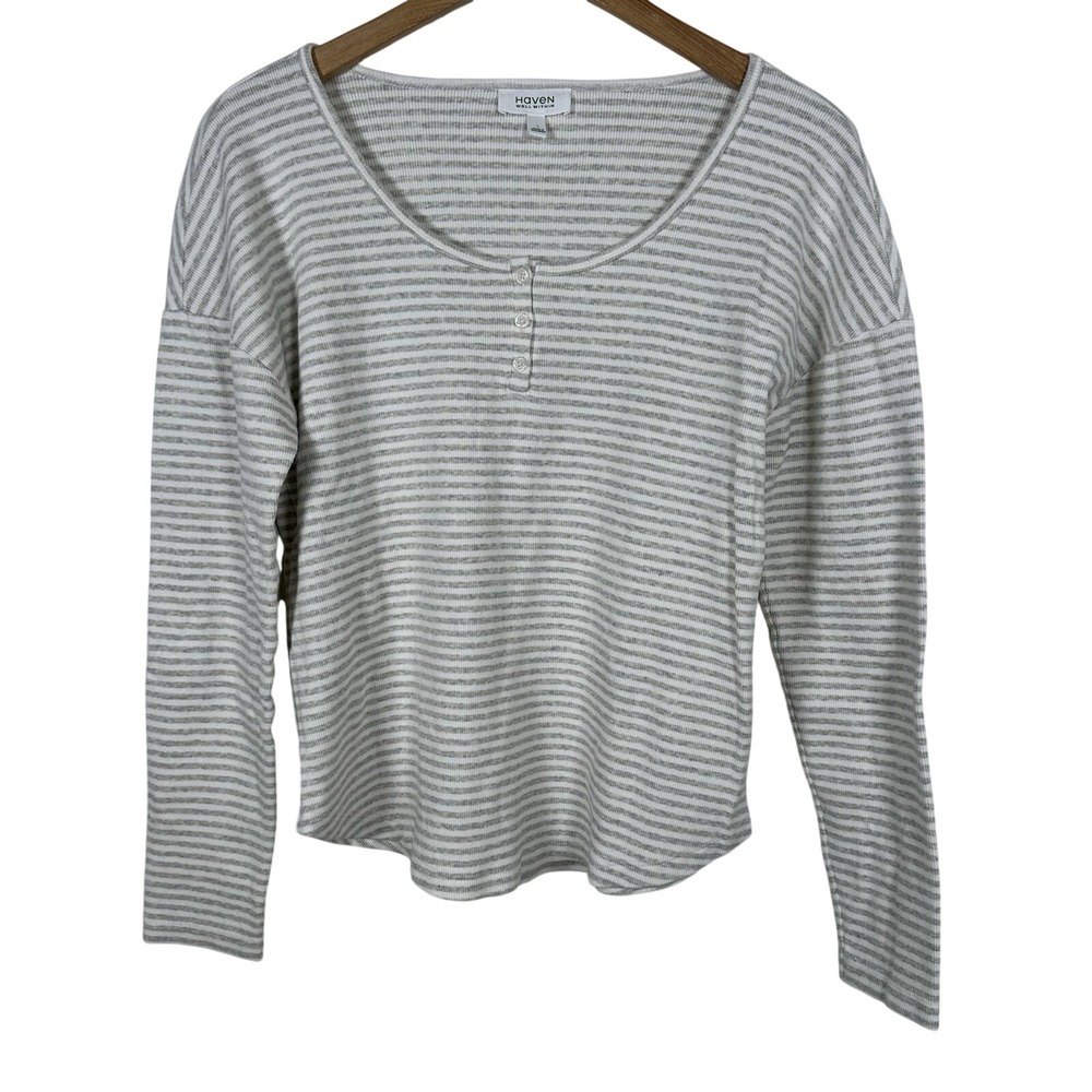 Haven Well Within Top Large Gray White Stripe Ribbed Henley Long Sleeve